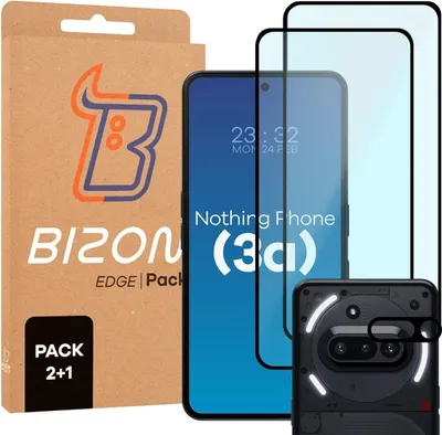 Produktbild von Gehärtetes Glas - 2 Stück + Kameraschutz für Nothing Phone (3a), Bizon Glass Edge 2 Pack, Schwarz