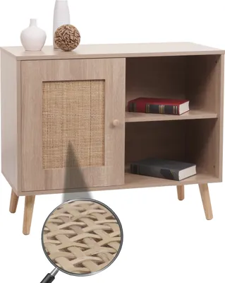 Produktbild von Komoda z szufladami HWC-M39, kredens, szafka, schowek, drewno Kubu rattan melamina, 67x80x38cm wygląd dębu