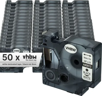 Produktbild von vhbw 50x Schriftband-Kassette Ersatz für Dymo S0720680, 40913, D1 für Etiketten-Drucker 7m x 9mm Schwarz auf Weiß