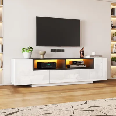 Immagine prodotto di Mobile TV Sweiko 180x40x48 cm, mobile basso con luce LED, mobile TV a forma di L con cassetti, mobile da soggiorno, supporto TV, mobile TV in bianco lucido, adatto per TV da 75 pollici, bianco+nero