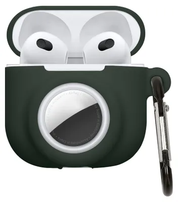 Produktbild von kwmobile 2-in1 Schutzhülle für Apple Airpods 4 Hülle - Kopfhörer Silicon Case kompatibel mit AirTag - stoßfestes Cover mit Karabiner - Dunkelgrün