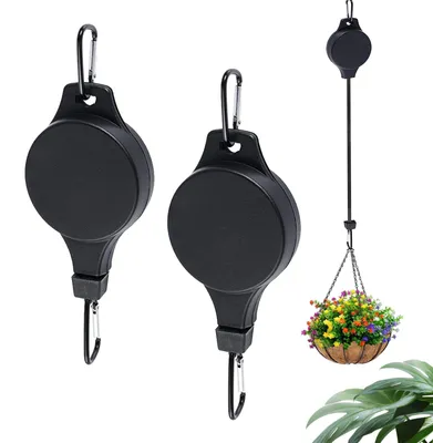 Image de 2 crochets de suspension pour jardinières, crochets rétractables, système de poulie réglable pour suspendre des jardinières, élévateur pour plantes, support de suspension pour pots suspendus