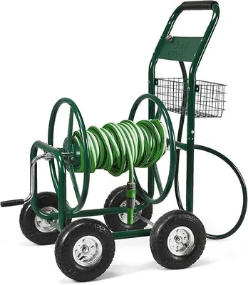 Imagen del producto de Carro de manguera metálico Silecomplaza, carro para manguera de jardín de 80 metros, enrollador de manguera con cesta, sistema de riego para jardín, color verde