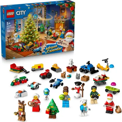 Produktbild von LEGO City Adventskalender 2025 - Weihnachten Spielzeug mit 24 Überraschungen - Zug, Auto & Traktor sowie 7 Minifiguren - Kalender zum Bauen - Geschenk für Jungen und Mädchen ab 5 Jahren – 60475