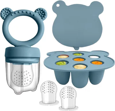 Imagen del producto de Dispensador de alimentos para bebés, hecho de silicona, color azul, juego de piezas