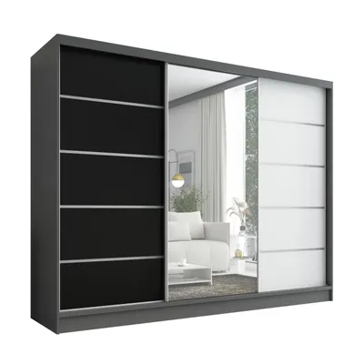 Produktbild von Schwebetürenschrank, 3-türig Schrank 200 cm mit Spiegel ARIVA 1 (Graphit, Weiß , Schwarz)