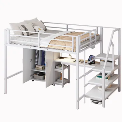 Produktbild von Hochbett mit Kleiderschrank, Schreibtisch, Regal und Lattenrost, 140x200 cm, Metallbett mit Rausfallschutz