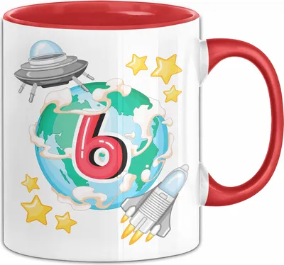Produktbild von 6. Geburtstag Geschenk Tasse Becher Jungs Mädchen Ufo Welt Galaxie  (Rot)