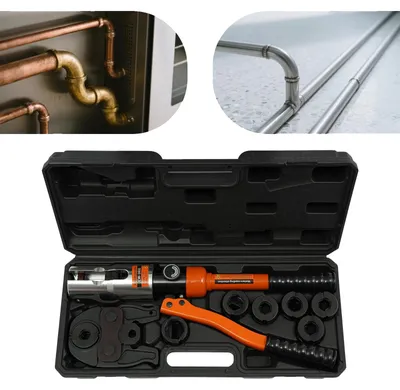 Obrázok produktu pre Lisovacie kliešte, hydraulická konštrukcia, 7 vymeniteľných čeľustí, oranžové