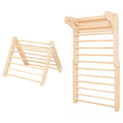 Image de Ensemble Triangle d’escalade et Mur suédois 2en1, Intérieur, Montessori, Bois Naturel