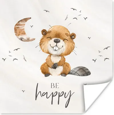 Produktbild von MuchoWow® Poster Zitate - Glücklich sein - Kinder - Mond - Biber - Aquarell 50x50 cm - Wohnzimmerdekoration