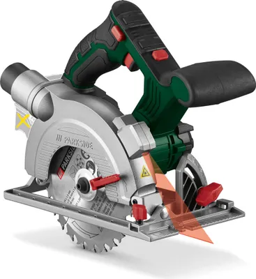 A cordless circular saw with a laser guide is shown against a white background.