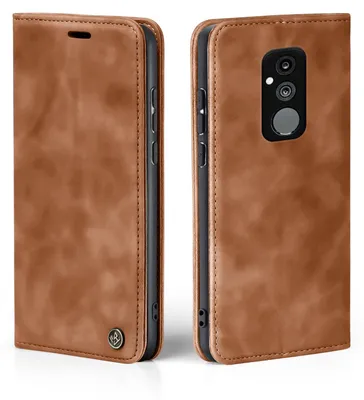 A brown leather flip case for a smartphone, shown from the front and back.
