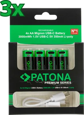 Zdjęcie produktu dla 12 akumulatorów litowych PATONA Premium USB-C 4x AA 1.5V 3000mWh (3x blister po 4 sztuki)