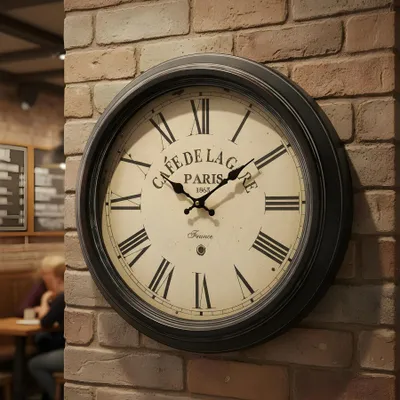 A vintage-style wall clock with Roman numerals is mounted on a brick wall in what appears to be a cafe or restaurant setting. In the background, blurred figures of people are seated at tables.