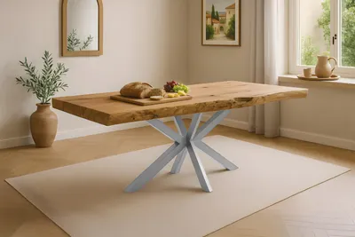 Produktbild von Esstisch Baumkante 300 x 100 cm Teakholz massiv Spider-Gestell silber KINAN