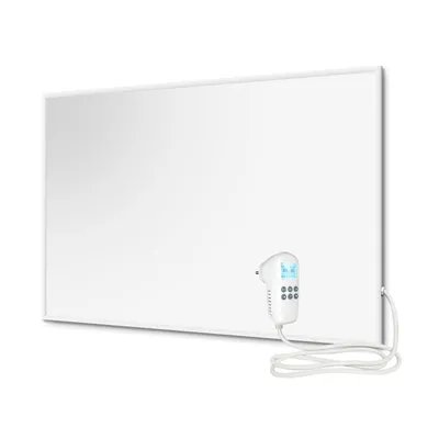 A white infrared heating panel with a digital thermostat and power cord, presented on a white background.