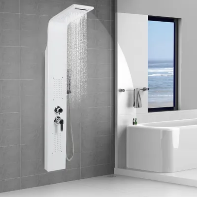 Produktbild von DazHom Edelstahl Duschpaneel, schmal, weiß, mit 4 Funktionen: Regendusche, Wasserfall, Handbrause, 140x20x7 cm (HxBxT), Standard 1/2 Zoll Anschluss, Silikon-Endungen