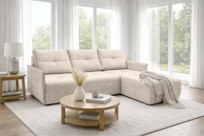 Produktbild von AX LIVING Ecksofa Damascus Beige mit Schlaffunktion Bettkasten Schlafsofa 212 cm rechts