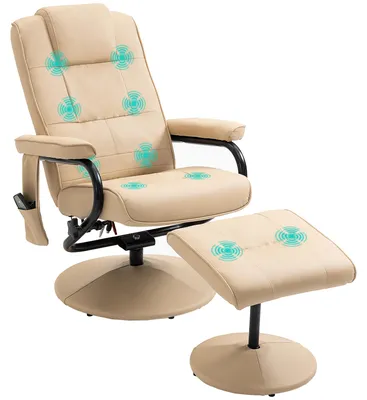 Produktbild von 10-Punkt-Vibrationsmassage 360° drehbar, Massagesessel mit Hocker & Seitentasche, Relaxsessel Kunstleder, Cremeweiß | 16,6 kg | 77x84x95 cm