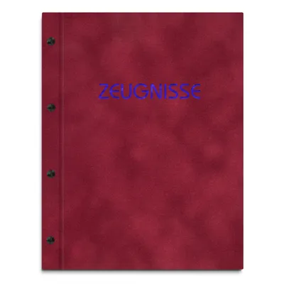 Produktbild von Zeugnismappe im roten Samteinband mit hochwertigem Prägedruck in blau – handgefertigte Mappe für Zeugnisse inkl. 12 Sichthüllen