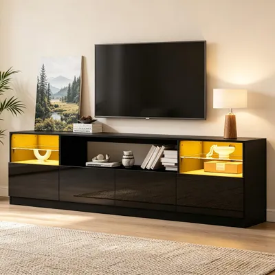 Produktbild von STILVORA TV-Schrank Schwarz mit LED-Beleuchtung und 4 Flügeltüren, Lowboard mit 8 Stauräumen, TV-Ständer bis 75 Zoll Hochglanz