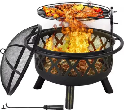 Obrázek produktu pro BBQ ohniště s ochranou proti jiskrám – Ø76 cm – multifunkční ohniště a zahradní krb – grilovací rošt a bezpečnostní příslušenství pro venkovní použití