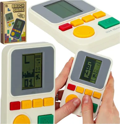 A collage of images showing a portable electronic brick game console and its packaging.