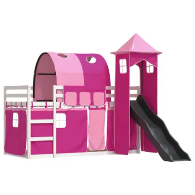 Produktbild von Etagenbett mit Rutsche und Gardinen Rosa 90x200 cm, Klassische Betten 2024 Neu