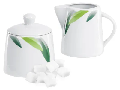 Produktbild von Van Well Siena 2tlg Set Zuckerdose mit Deckel, Ø 95 mm + Milchkännchen, 220 ml, Blattdekor,Porzellan