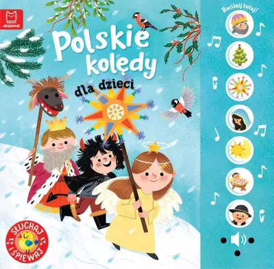 A colorful illustration of children dressed as characters from a nativity scene, holding a star and a puppet, with birds flying around them. The background is a snowy landscape with holly branches. There are also interactive buttons on the right side.