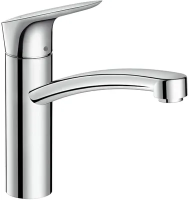 A studio shot of a chrome kitchen faucet against a white background.