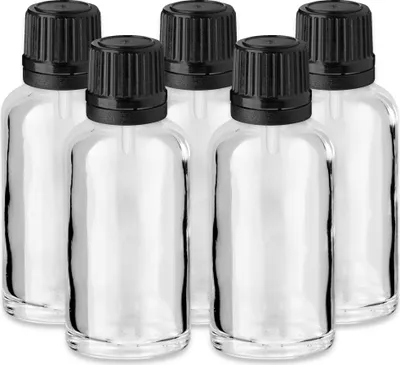 Produktbild von 5x Klare Glasflasche 30 ml mit schwarzem Tropfeinsatz Apothekerflasche