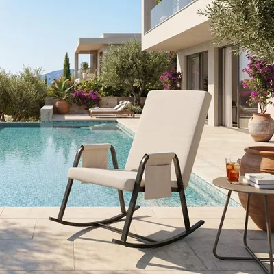 Produktbild von Hanah Home, Moderne Garten-Schaukelstuhl, Beige, Metallrahmen, 100% Outdoor-Stoff