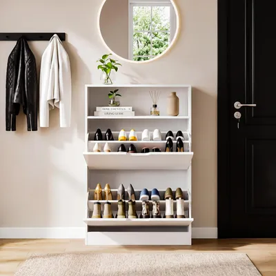 Produktbild von OYAJIA Schuhschrank Schuhregal mit 2 Klappen und offenes Fach Trennwand verstellbar, für 9-12 Paar Schuhe, Flur, Diele, Wohnzimmer, Schlafzimmer