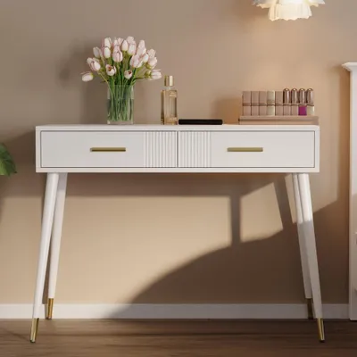 Productafbeelding van Moderne witte kaptafel met twee ruime lades en elegante metalen poten voor slaapkamer