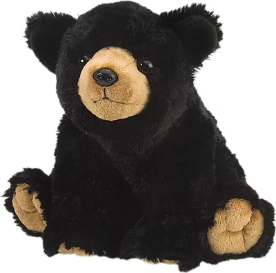 A plush black bear toy sitting down.