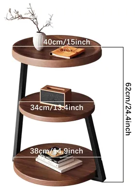 Zdjęcie produktu dla Okrągły stolik pomocniczy - 3 półki - wysokość 62 cm - blat drewniany - nogi metalowe - miejsce do przechowywania - kolor brązowy