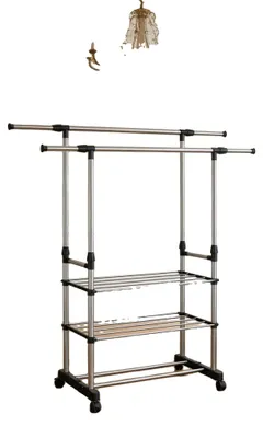 Image de Portemanteau, acier inoxydable, réglable en hauteur de 70 à 150 cm, largeur 78 cm, longueur des tringles télescopiques 90 à 144 cm, profondeur 42 cm