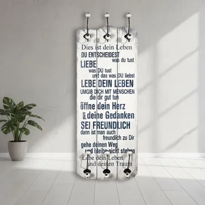 Image de Mucola Portemanteau mural 100cm Portemanteau avec 6 patères Shabby Chic Bois Panneau de garde-robe - Proverbe Vis ta vie