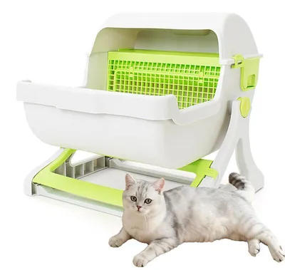Immagine prodotto di Lettiera per gatti di grandi dimensioni (XXL), con griglia filtrante e cassetto raccoglitore, lettiera aperta, rimovibile e lavabile, colore verde