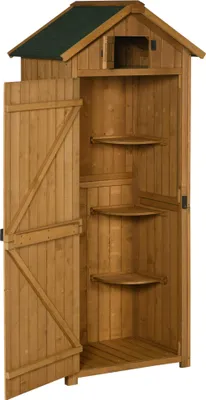 Image de Abri de jardin en bois pour outils, avec toit en asphalte imperméable, fenêtre, 3 étagères, en sapin résistant aux intempéries, jaune et vert, 179 cm