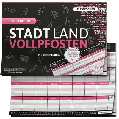 Immagine prodotto di DENKRIESEN - Stadt Land VOLLPFOSTEN® - Edizione per ragazze - Stadt Land FLUSS FÜR MÄDCHEN - Gioco per ragazze - Regalo per ragazze | Regalo di Natale | Regalo di Babbo Natale segreto | Gioco per famiglie
