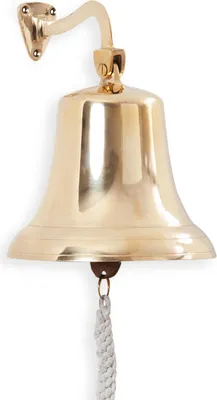 A brass ship's bell with a rope pull, mounted on a wall bracket.