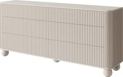 A greige dresser with six drawers on spherical feet, presented against a white background.