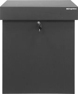 A front view of a dark gray parcel box with a key in the lock.