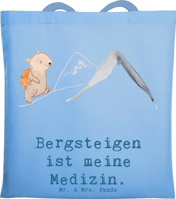 Produktbild von Mr. & Mrs. Panda Uni Tasche Bär Bergsteigen - Sky Blue - Geschenk, Tote Bag, umhängebeutel, Laptoptasche, Bergsport, Schultasche, Shopping, Trekking, Alpinismus, Wandern