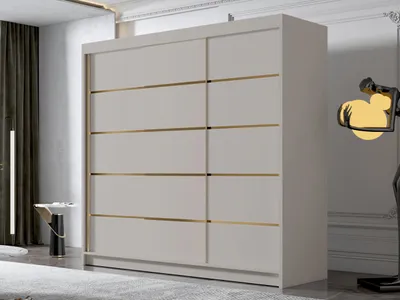 A modern bedroom with a large sliding door wardrobe.