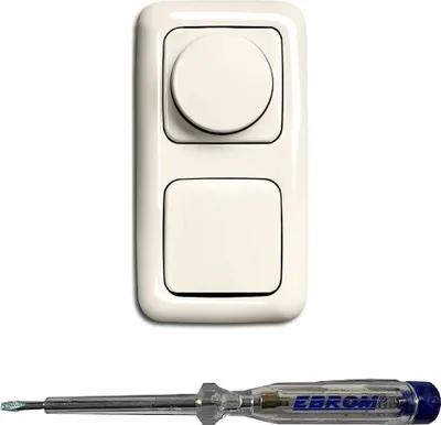 Produktbild von Busch Jäger 6523U-102 LED Drehdimmer Dimmer + Dimmerscheibe 2115-212 und Lichtschalter 2000/6 US in DURO2000 cremeweiß glänzend inklusive EBROM Phasenprüfer zur Montage der Geräte (6523 U – 102)