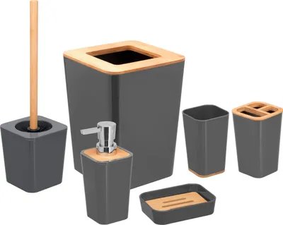 Image de bremermann Set de salle de bain 6 pcs. CALVI | avec brosse WC Distributeur de savon Seau à savon Porte-brosse Gobelet, gris